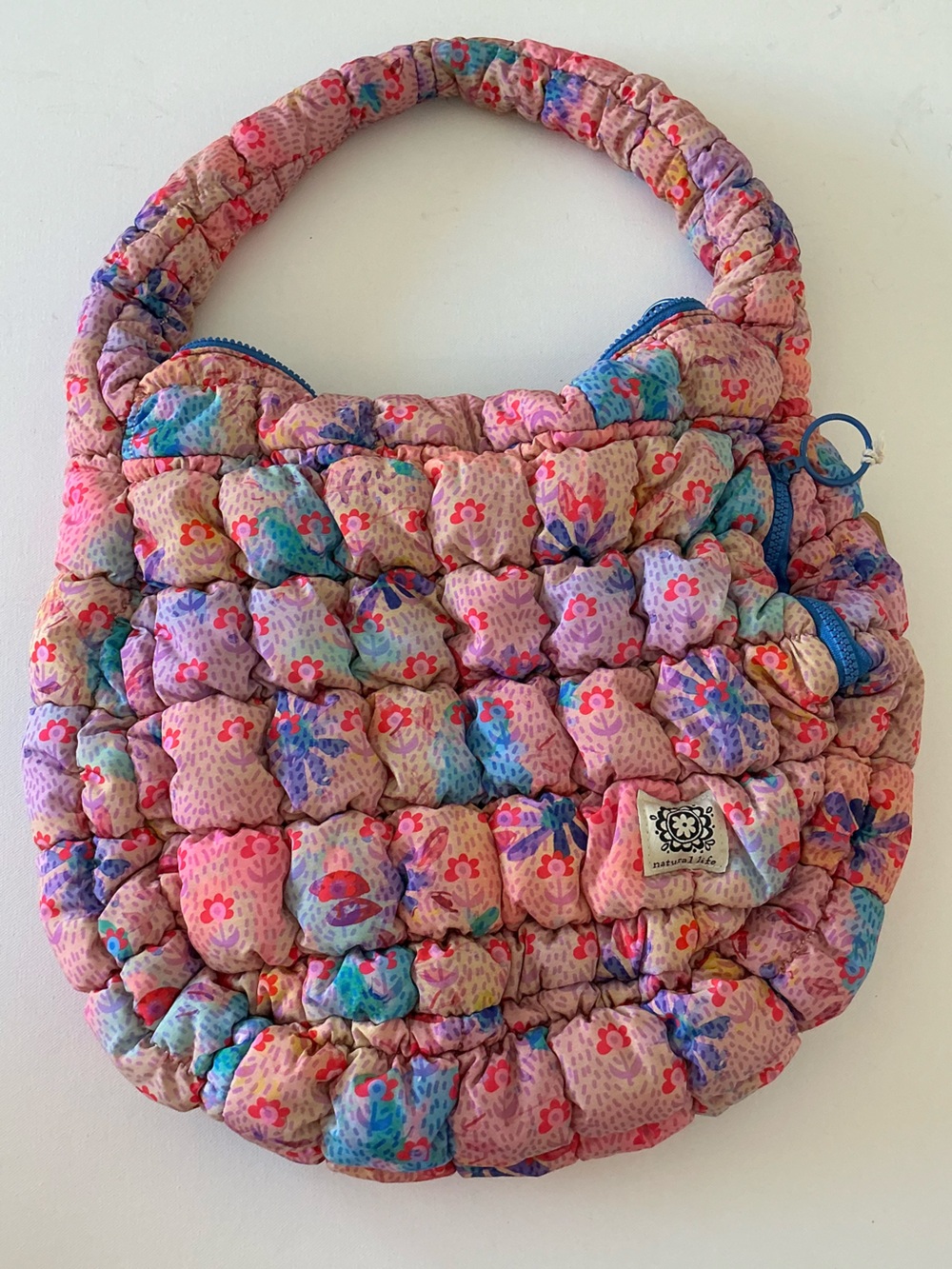 Natural Life Puffy Quilted Tote Bag Floral Boho Bubble Purse Pink Blue Large